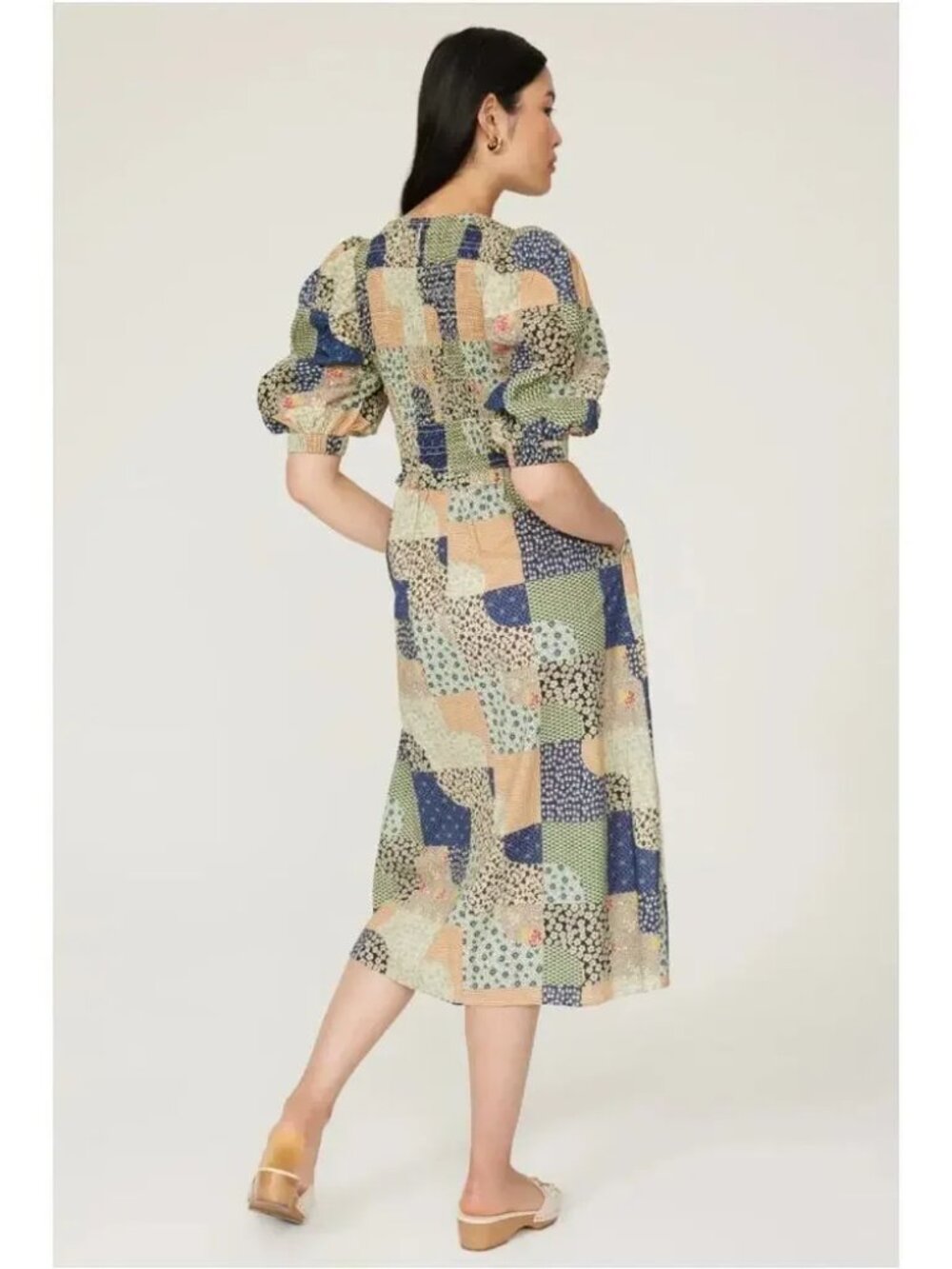 SEA New York Louie Midi Dress Puff sleeve Smocked Cotton Patchwork Cottagecore - Picture 6 of 16